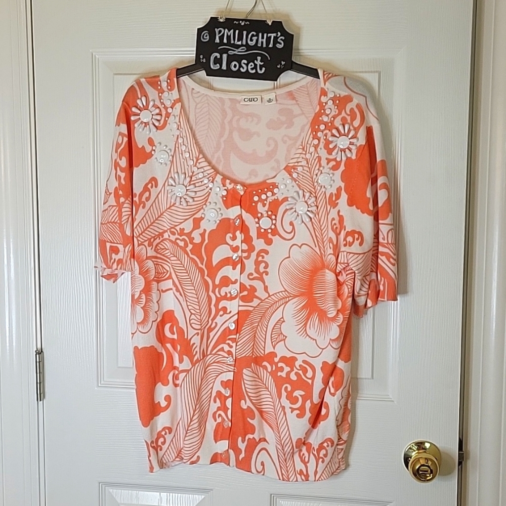 Cato XL Cardigan Sweater Coral White Beaded Short Sleeve Floral